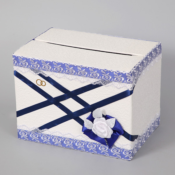 Копилка свадебная для денежных подарков с синим декором, неразборная коробка